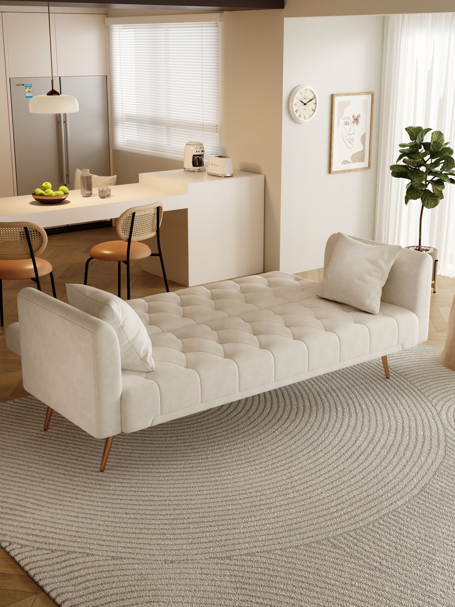 A modern living space featuring the Convertible Double Folding Living Room Sofa Bed in beige with two matching pillows, a round textured rug, a potted plant, and a kitchen area visible with bar stools and a fruit bowl on the counter.