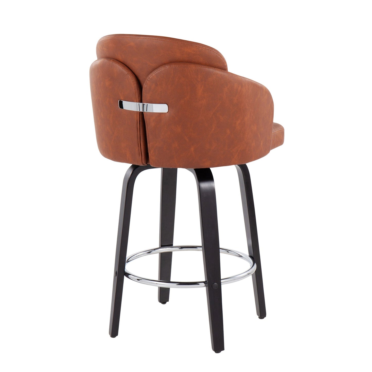 The Dahlia Contemporary Counter Stool (Set of 2) features a brown cushioned seat and back, metal handle on the backrest, black wooden legs, and a round chrome footrest.