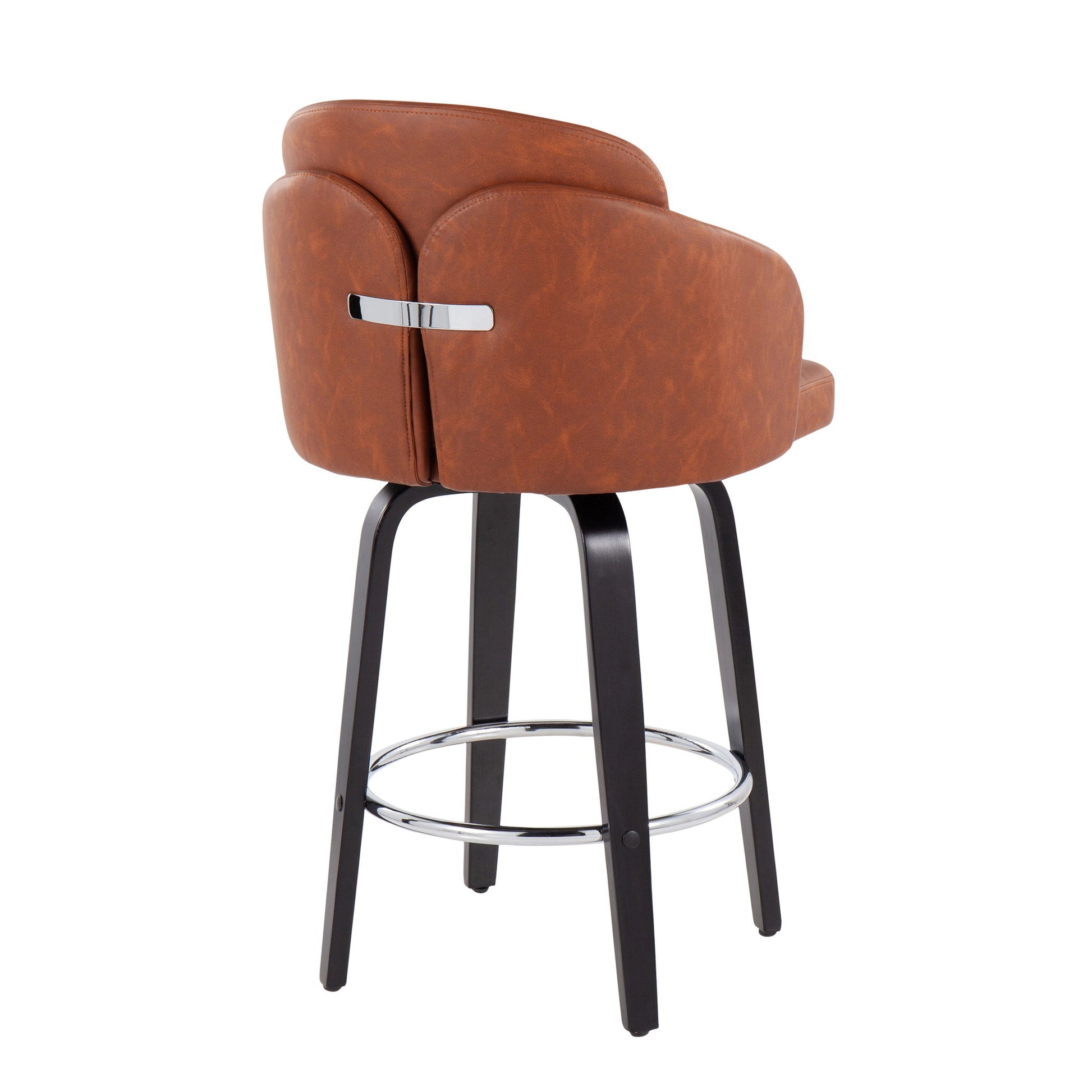 The Dahlia Contemporary Counter Stool (Set of 2) features a brown cushioned seat and back, metal handle on the backrest, black wooden legs, and a round chrome footrest.