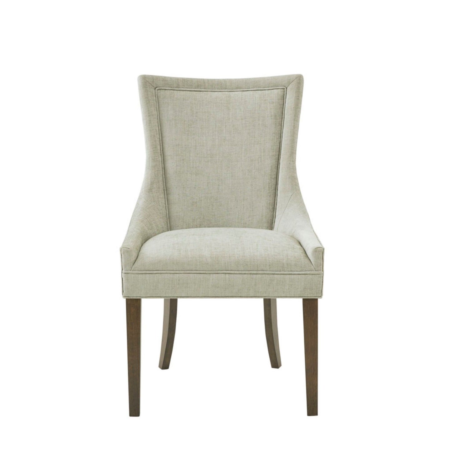 Front view of the Ultra - Elegant Dining Side Chair (Set of 2), featuring light beige upholstery, dark wooden legs, a slightly curved backrest, and a simple, elegant design.