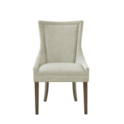 Front view of the Ultra - Elegant Dining Side Chair (Set of 2), featuring light beige upholstery, dark wooden legs, a slightly curved backrest, and a simple, elegant design.