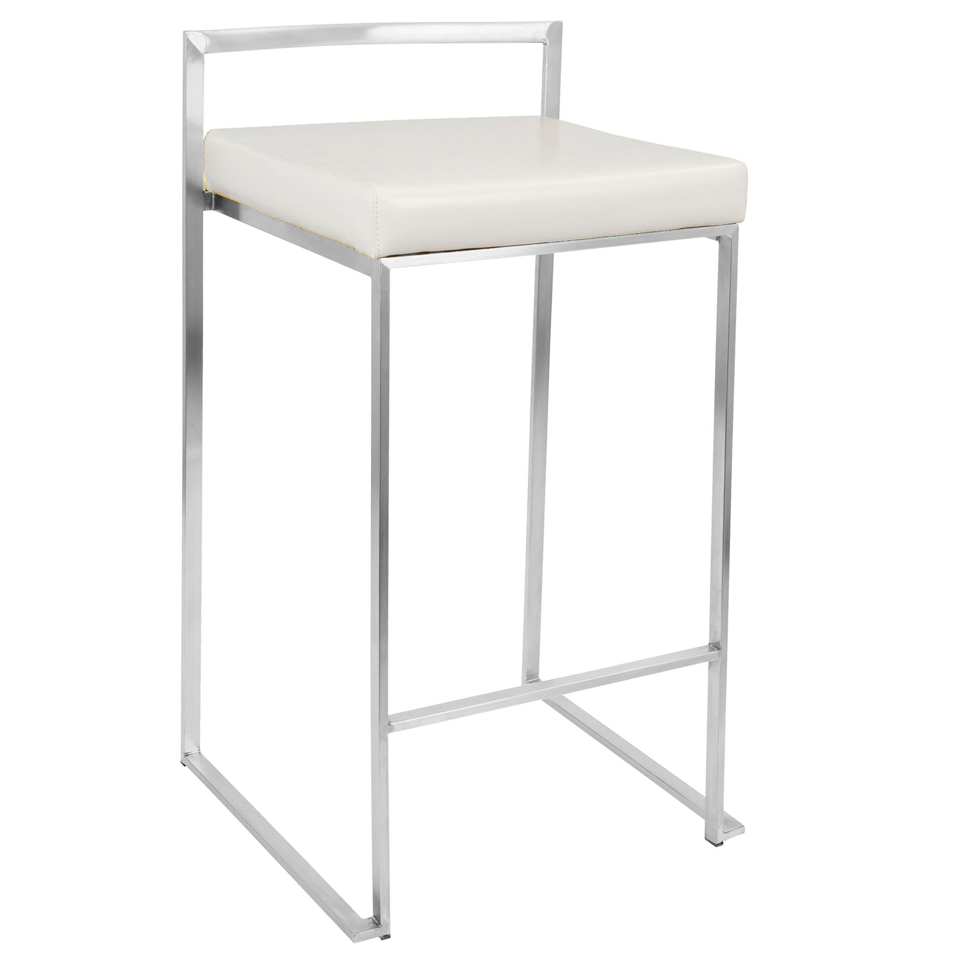 The Fuji Contemporary Stackable Elegant Counter Stool (Set of 2) features a sleek metal frame, low rectangular backrest, straight legs with horizontal supports, and a square cushioned white seat for a modern look.