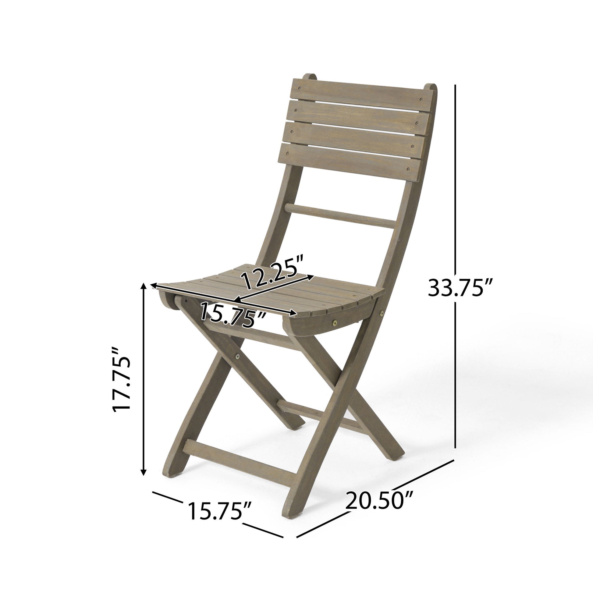 The Outdoor Foldable Wood Dining Chair With Slat Design (Set of 2) features a slatted seat and back, stands 33.75" tall, with a 17.75" seat height, 15.75" seat width, 12.25" seat depth, and overall depth of 20.5".