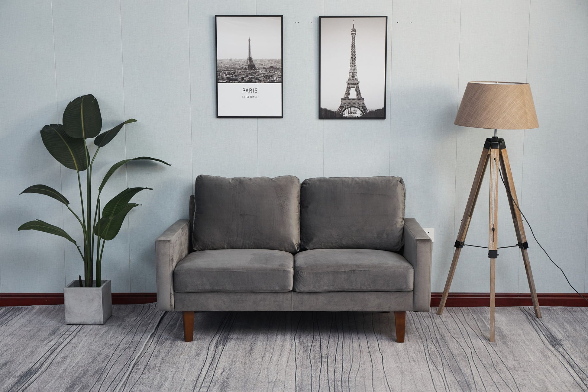 A Comfortable Sofa With Durable Construction sits against a light blue wall, with a potted plant on the left and a tripod floor lamp on the right. Above it, two framed Eiffel Tower pictures are displayed.