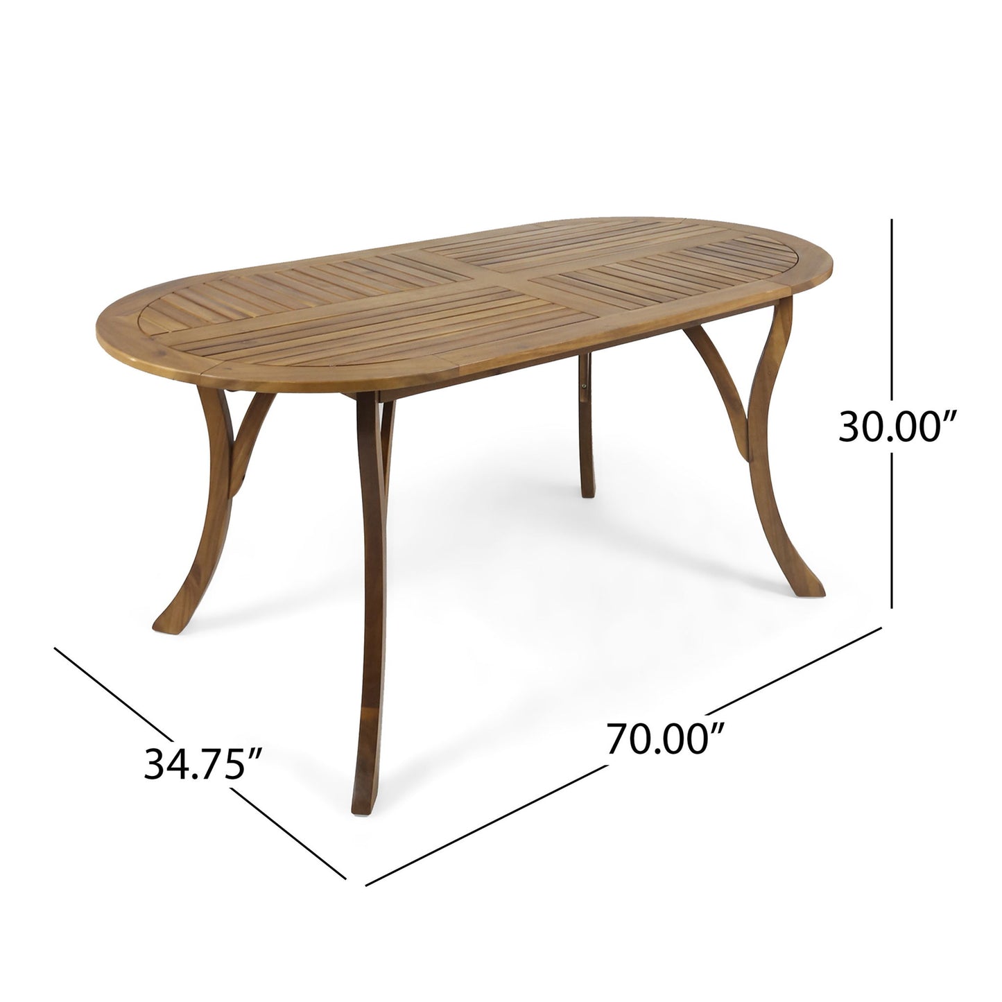 Outdoor Table With Smooth Lines, Slat Top, shown on a white background with labeled dimensions: 70"L x 34.75"W x 30"H.