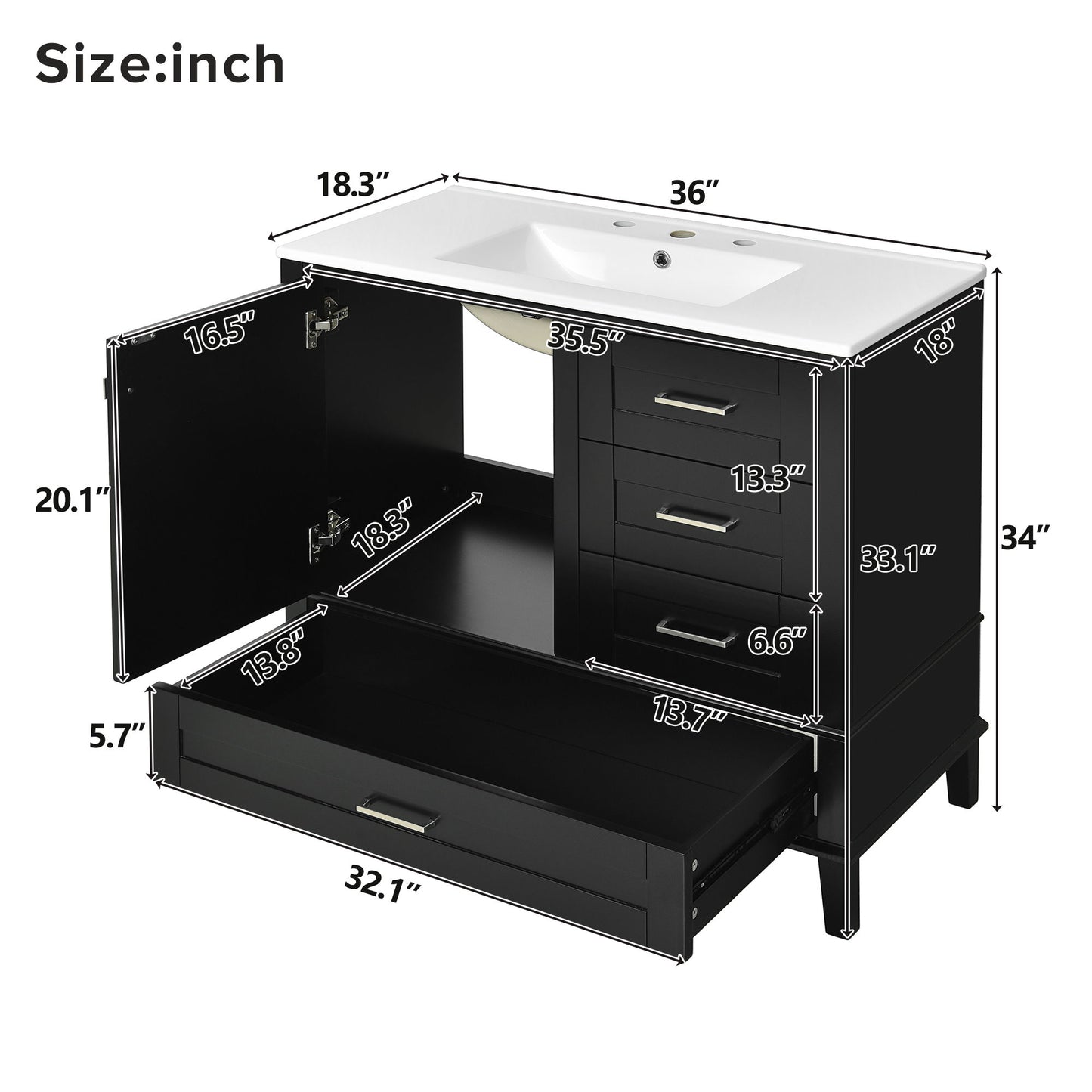 The Bathroom Vanity, a modern cabinet with sink combo, features a solid wood frame, soft-closing door, and 3 drawers. Shown open to display storage and measurements in inches for all sides, doors, drawers, and overall dimensions.