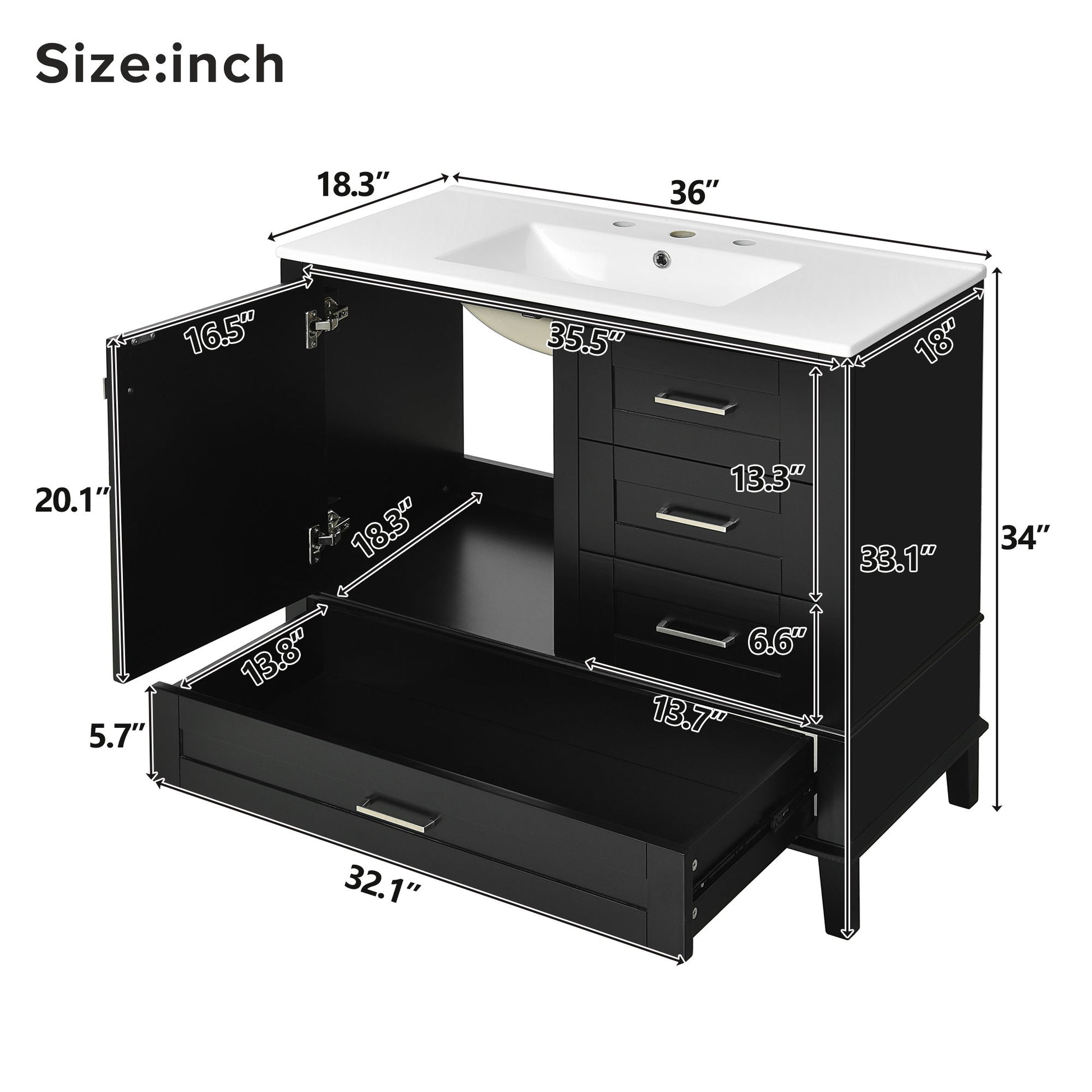 The Bathroom Vanity, a modern cabinet with sink combo, features a solid wood frame, soft-closing door, and 3 drawers. Shown open to display storage and measurements in inches for all sides, doors, drawers, and overall dimensions.