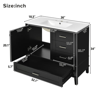 The Bathroom Vanity, a modern cabinet with sink combo, features a solid wood frame, soft-closing door, and 3 drawers. Shown open to display storage and measurements in inches for all sides, doors, drawers, and overall dimensions.