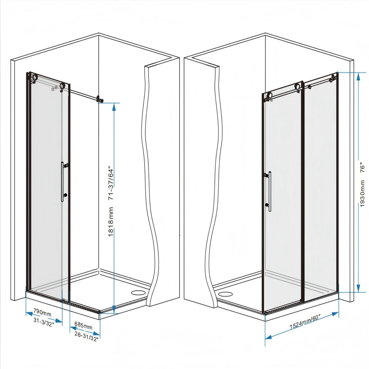 Frameless Shower Door, Smooth Sliding Tracks