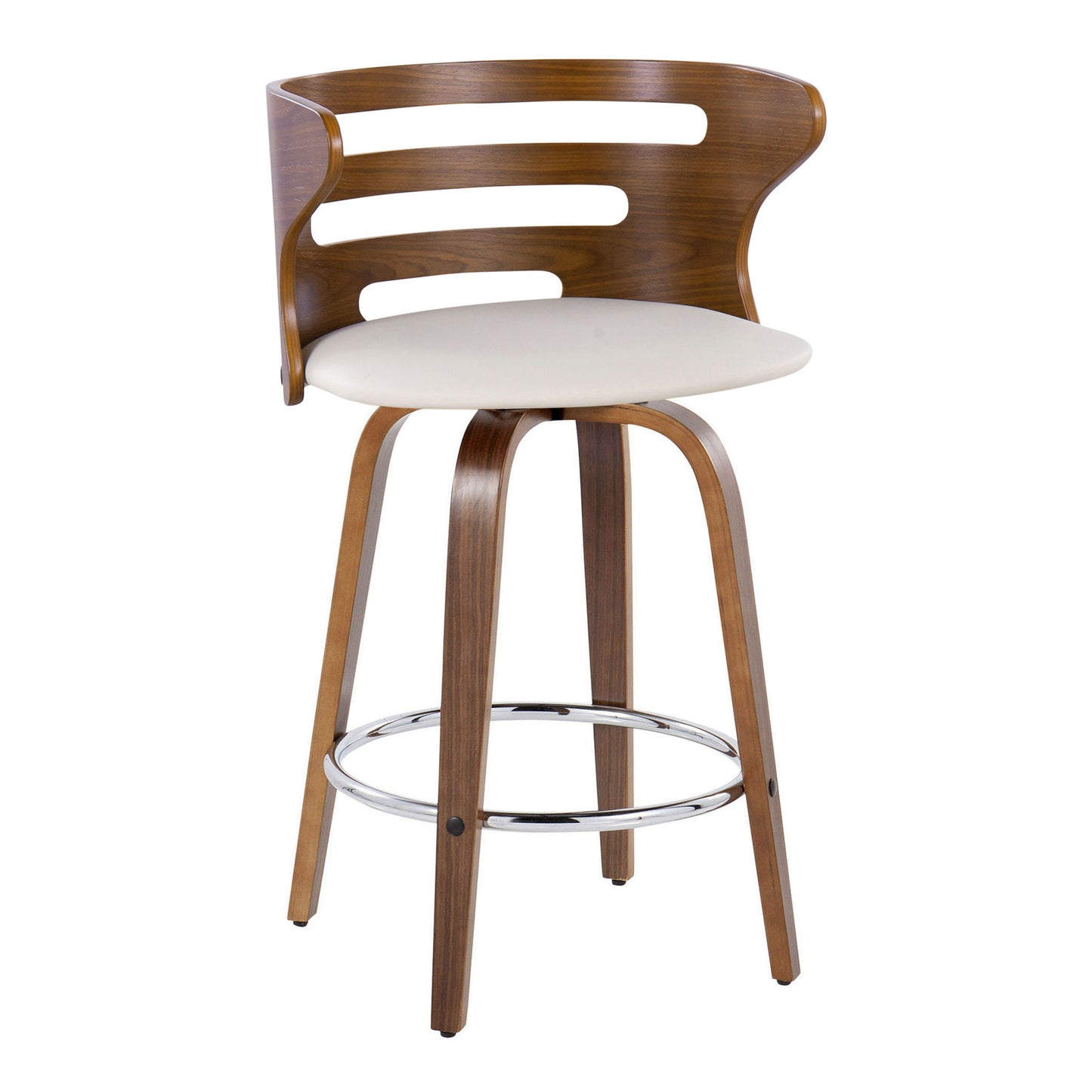 The Cosini Mid Century Modern Fixed Height Barstool features a curved backrest with horizontal cutouts, a round white seat, angled wooden legs, and a circular chrome footrest. Set of 2.