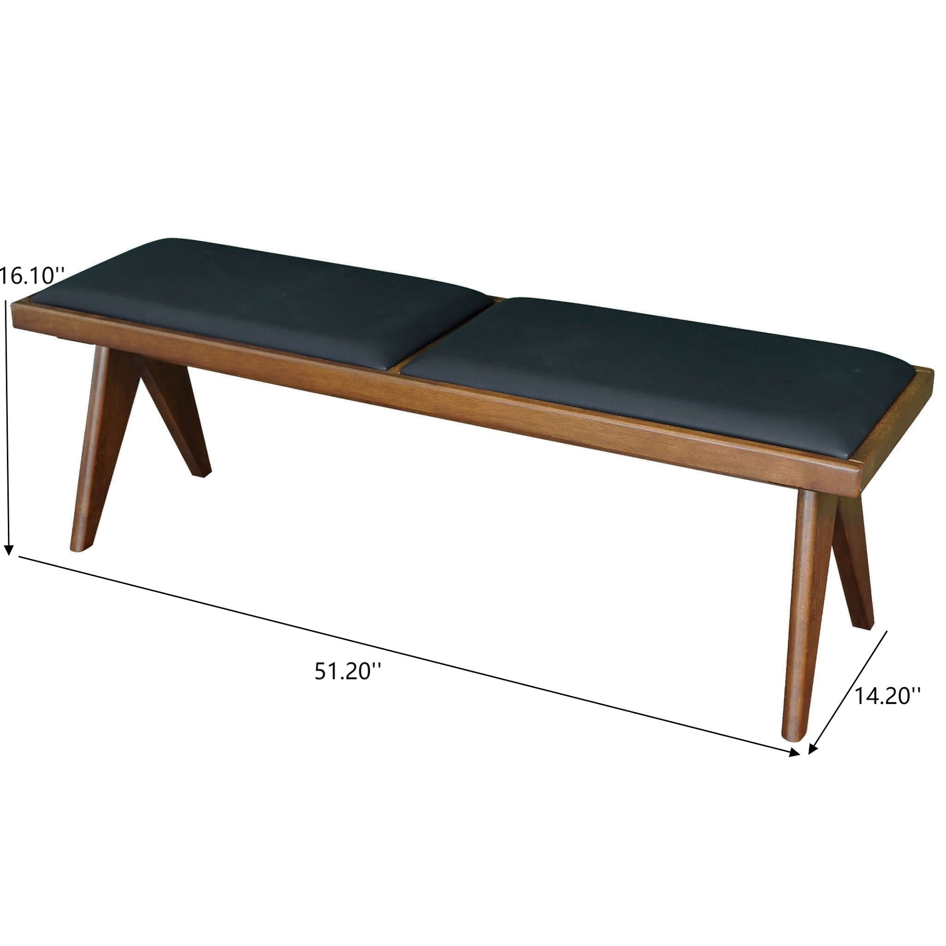 The Keira - Modern Aesthetics Bench features mid-century modern style with angled legs, a black two-section cushioned seat, and measures 51.20" L x 16.10" H x 14.20" D.
