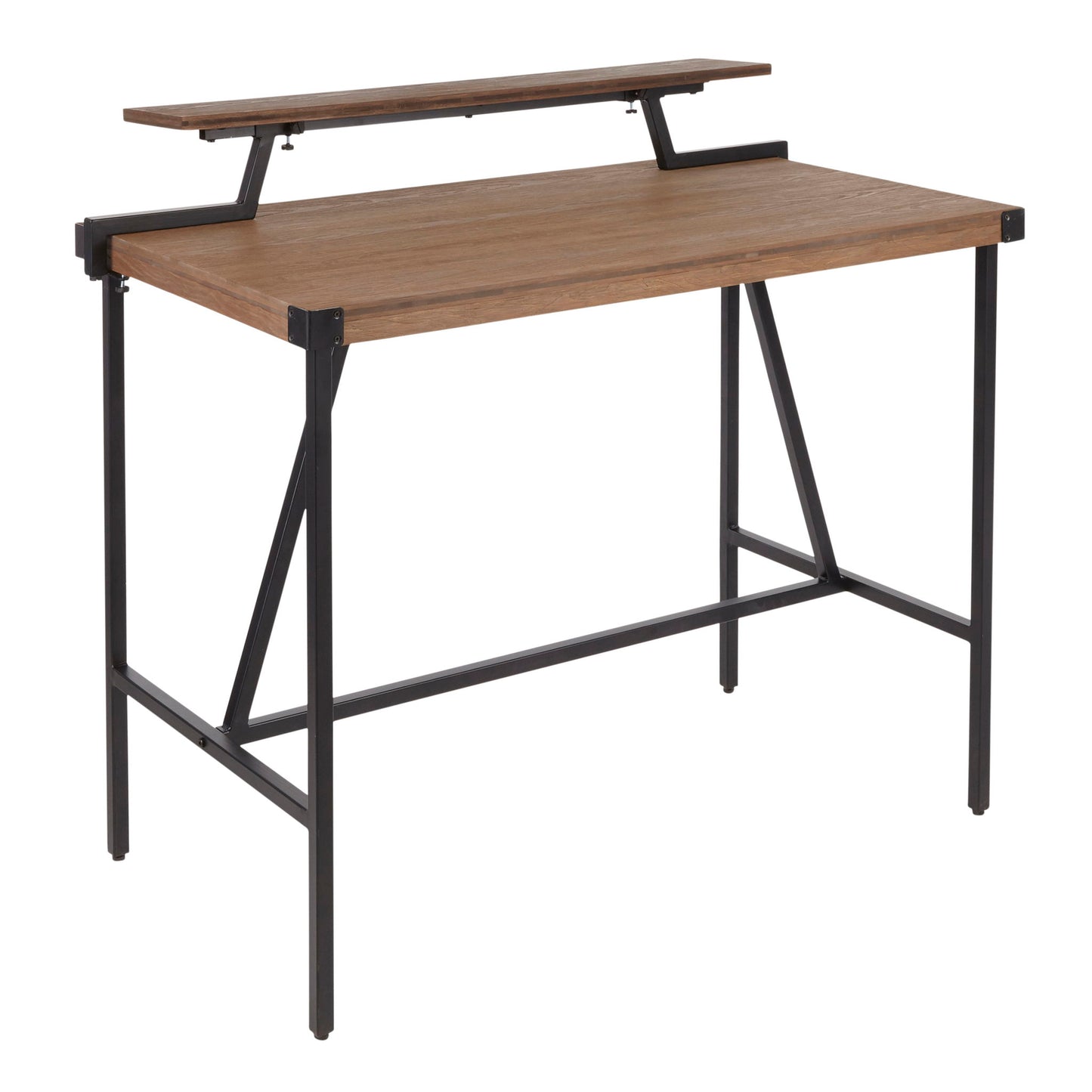 The Gia - Industrial Counter Table features a wooden top, black metal frame, and a raised rear shelf ideal for a monitor or extra storage, offering modern style and practicality.