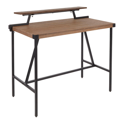 The Gia - Industrial Counter Table features a wooden top, black metal frame, and a raised rear shelf ideal for a monitor or extra storage, offering modern style and practicality.