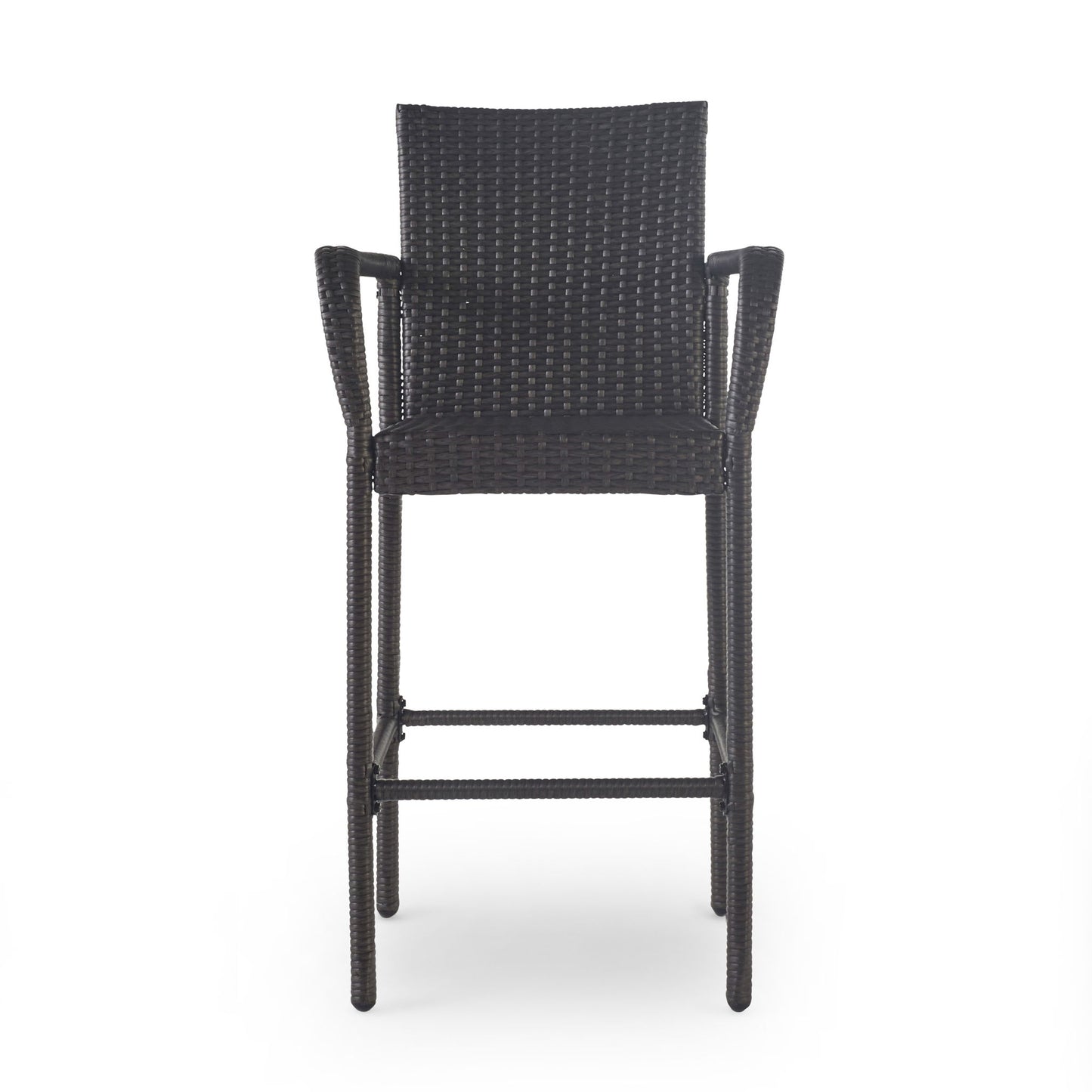 An Outdoor Wicker Barstool with rattan and an iron frame, featuring a tall design, armrests, and backrest, is shown from the front against a plain white background.
