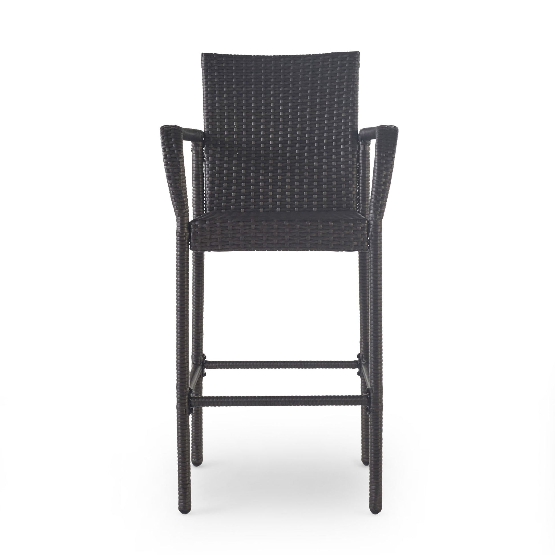 An Outdoor Wicker Barstool with rattan and an iron frame, featuring a tall design, armrests, and backrest, is shown from the front against a plain white background.
