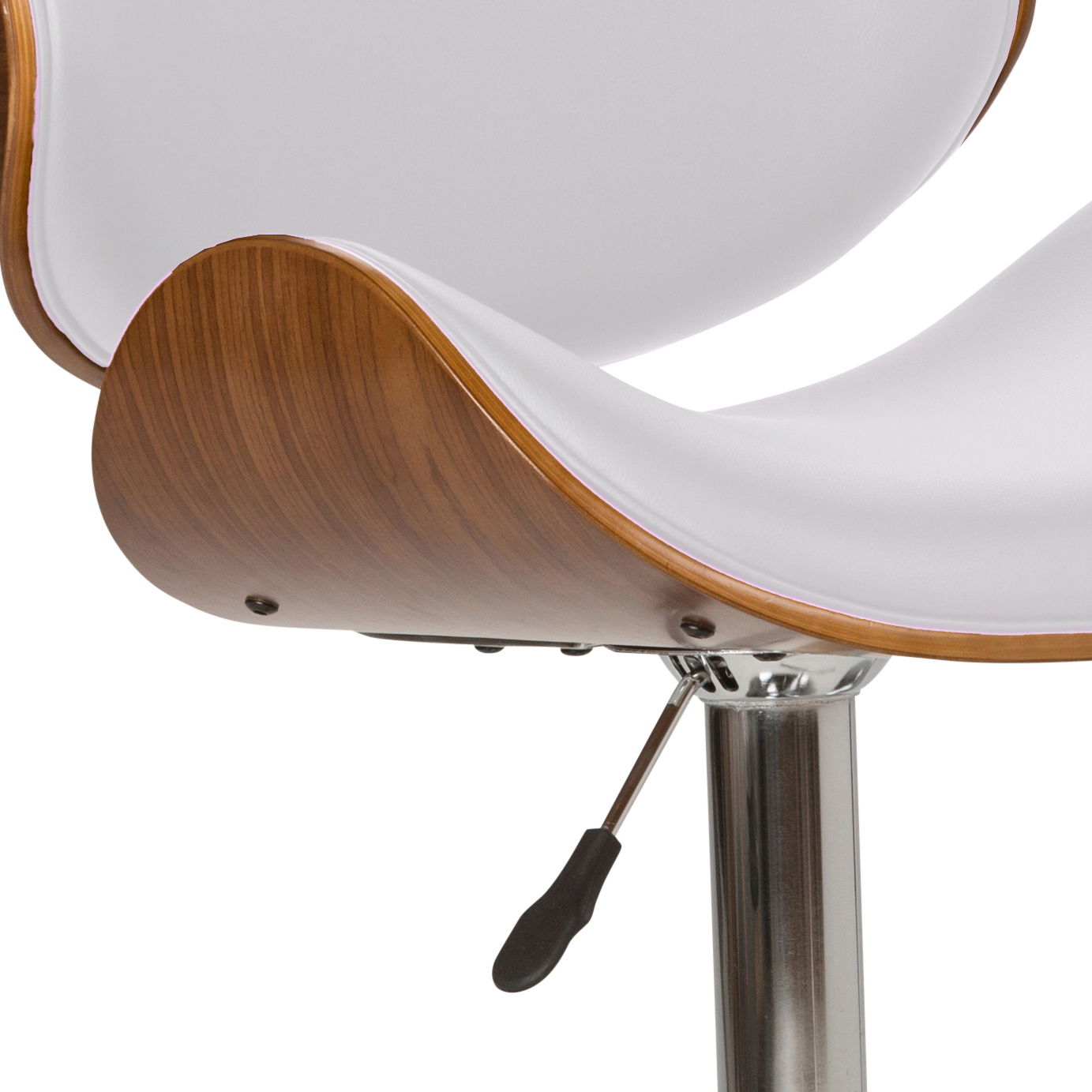 Close-up of the Marana Multifunctional Handcrafted Bentwood Adjustable Swivel Bar Stool, featuring a curved wooden backrest, white cushioned seat, and chrome hydraulic height adjustment lever.
