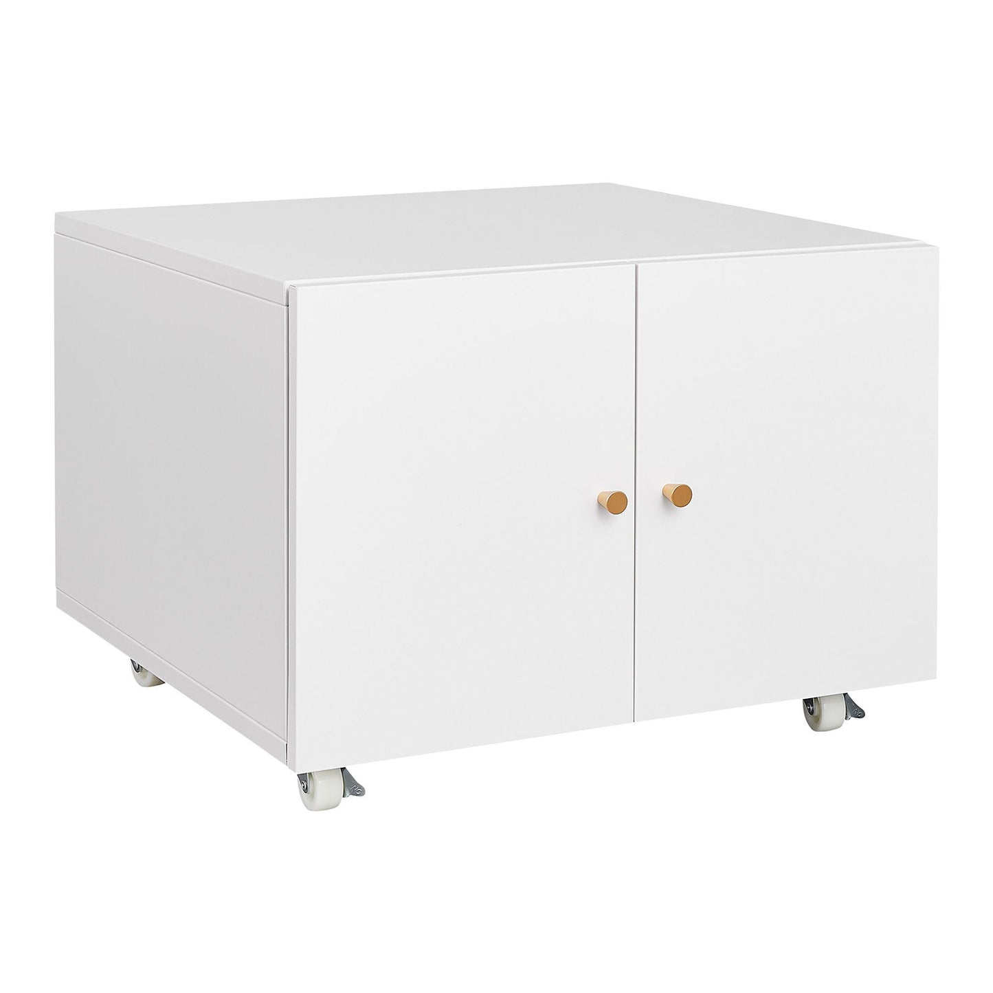A white, square Office Furniture Copier Cabinet with two doors, round wooden knobs, and wheels; serves as a steel mobile pedestal file printer stand.