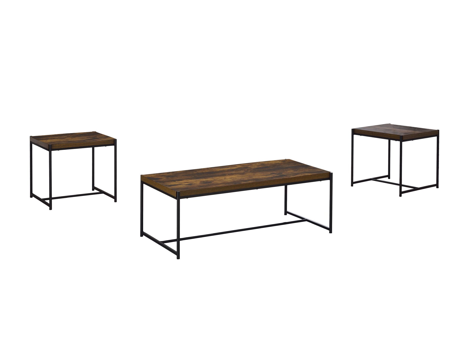 The Lennox 3 Piece Coffee and End Table Set features black metal frames and rectangular wooden tops, including one coffee table and two matching end tables, displayed on a white background.