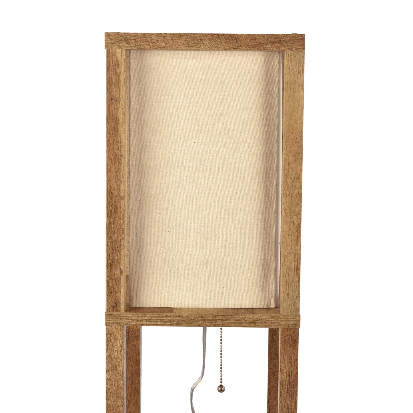 The Pinnacle Shelf Floor Lamp features natural wood, a long white shade, and a pull chain switch beneath the shade—ideal for bedrooms or living rooms.