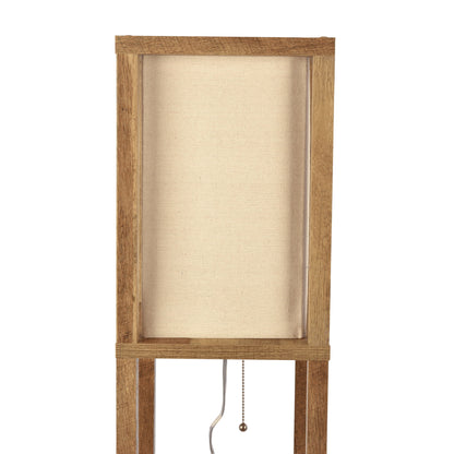 The Pinnacle Shelf Floor Lamp features natural wood, a long white shade, and a pull chain switch beneath the shade—ideal for bedrooms or living rooms.