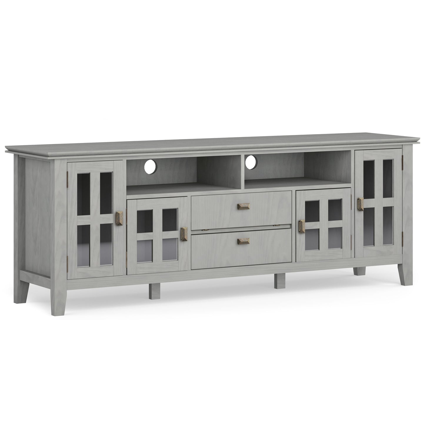 The Artisan TV Media Stand features a light gray wood finish, two glass-paneled side cabinets, two central drawers, two open shelves above the drawers, four legs, and rear cut-outs for cable management.