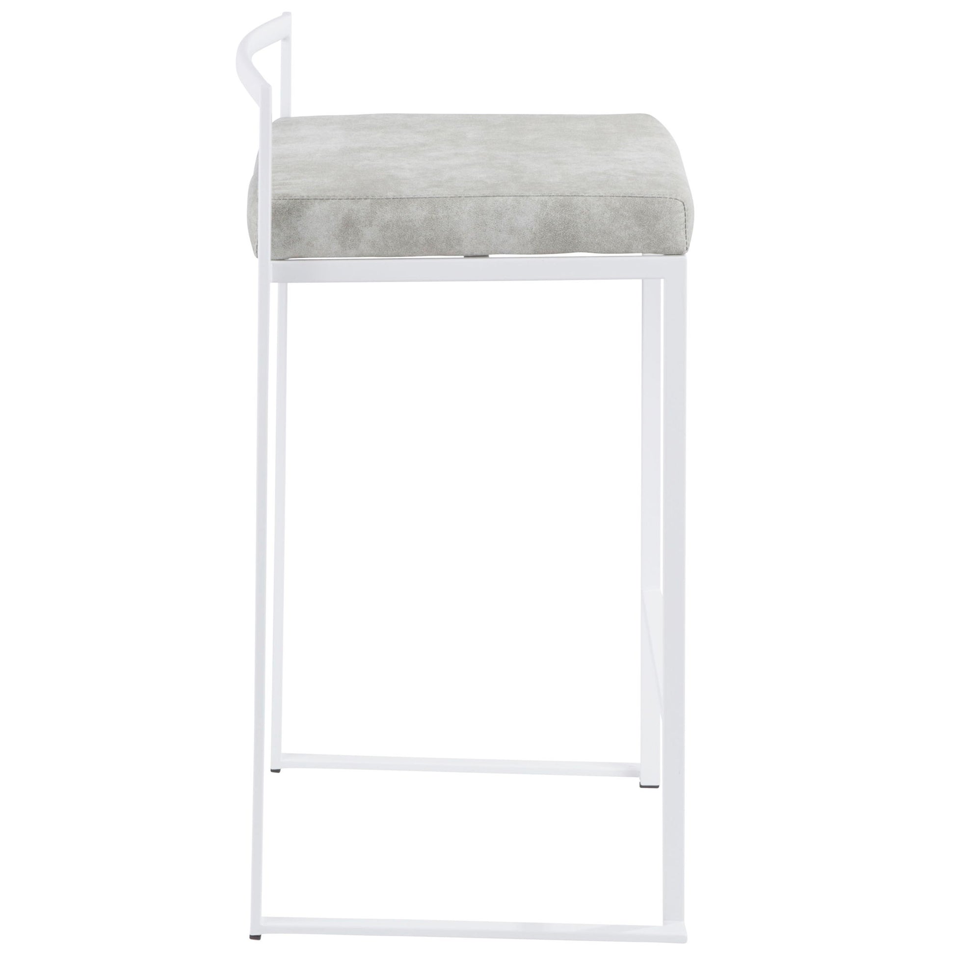 Side view of the Fuji - Simple Elegance Contemporary Stackable Counter Stool, featuring a white metal frame, light gray cushioned seat, and a minimalistic design with a single thin backrest bar.