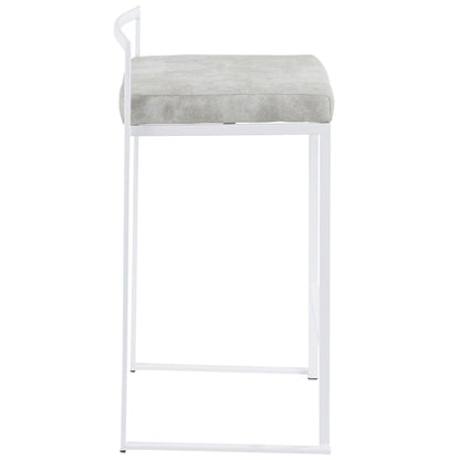 Side view of the Fuji - Simple Elegance Contemporary Stackable Counter Stool, featuring a white metal frame, light gray cushioned seat, and a minimalistic design with a single thin backrest bar.