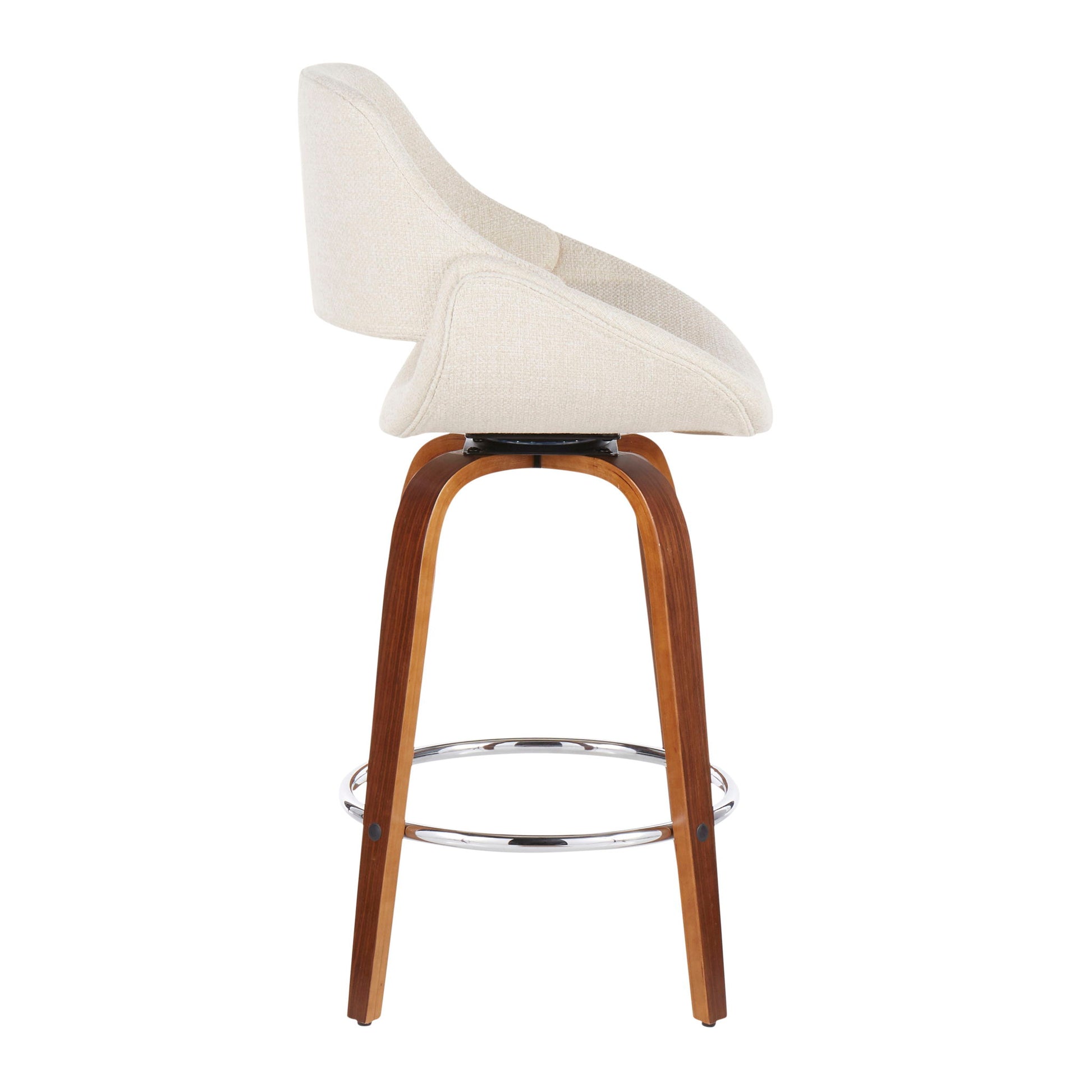 The Fabrico - Mid Century Modern Counter Stool (Set of 2) features a curved beige upholstered seat, wooden legs, and a circular chrome footrest, shown from the side against a white background.