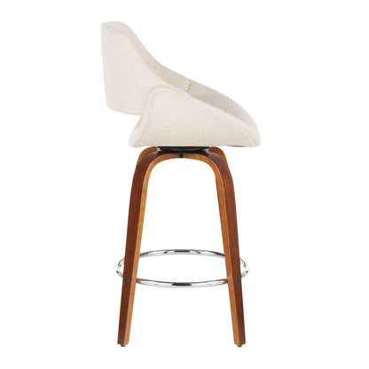 The Fabrico - Mid Century Modern Counter Stool (Set of 2) features a curved beige upholstered seat, wooden legs, and a circular chrome footrest, shown from the side against a white background.
