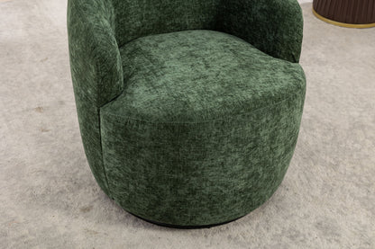 The Chenille Fabric Swivel Accent Armchair Barrel Chair with a powder coating metal ring, featuring a green textured fabric and curved backrest, sits on a light-colored carpeted floor.