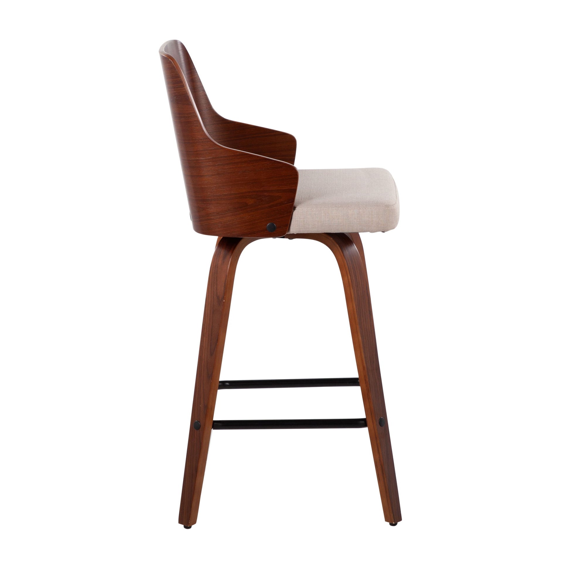 Side view of the Ariana - Mid Century Modern Counter Stool (Set of 2), featuring a curved backrest, beige upholstered seat, angled wooden legs, and a black metal footrest.