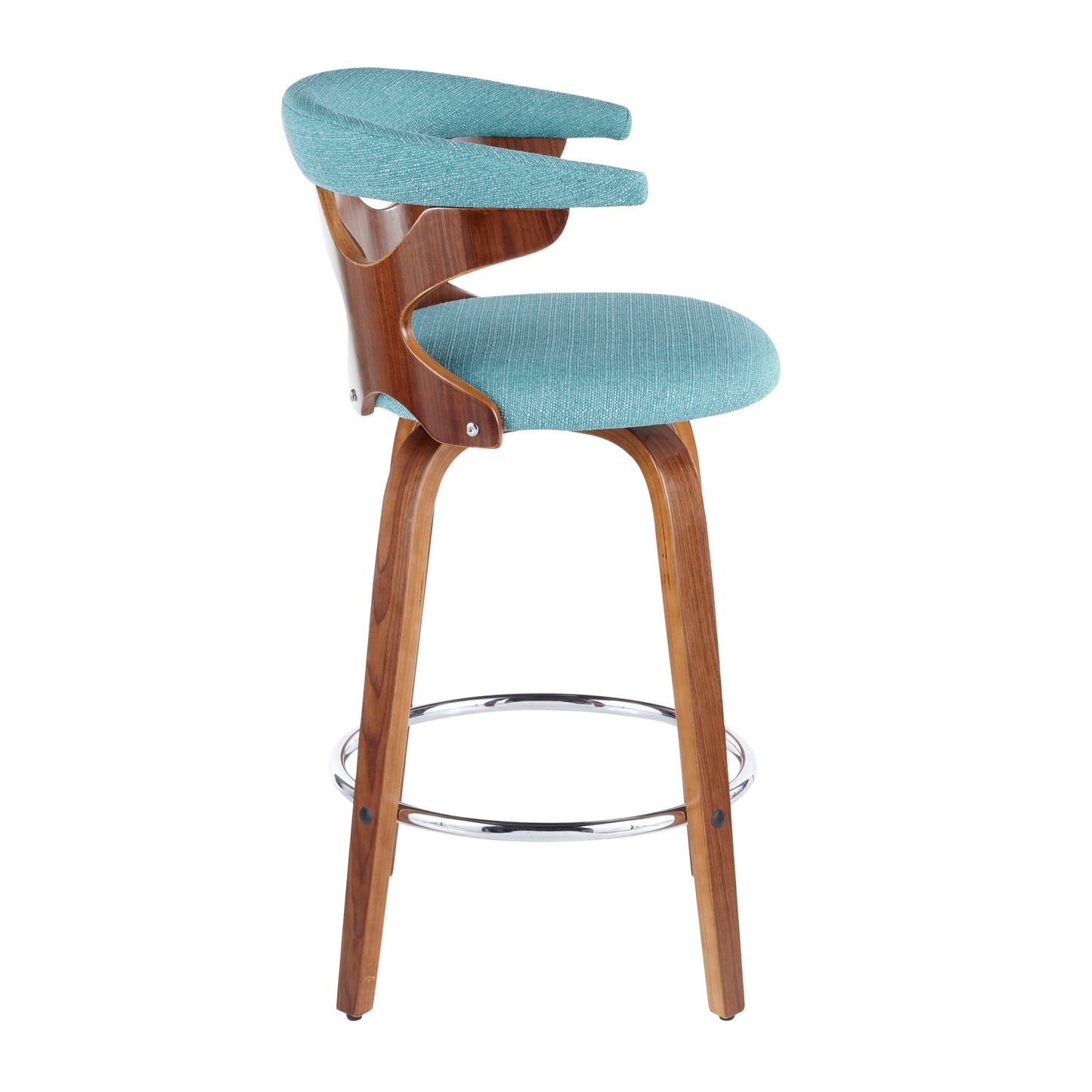 The Gardenia - Mid Century Modern Counter Stool (Set of 2) features a curved wooden frame, teal upholstered seat and backrest, chrome circular footrest, four wooden legs, and an open-back design.