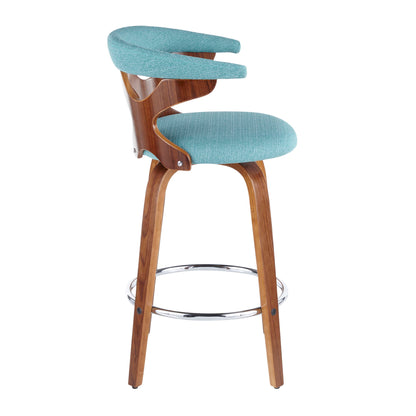 The Gardenia - Mid Century Modern Counter Stool (Set of 2) features a curved wooden frame, teal upholstered seat and backrest, chrome circular footrest, four wooden legs, and an open-back design.
