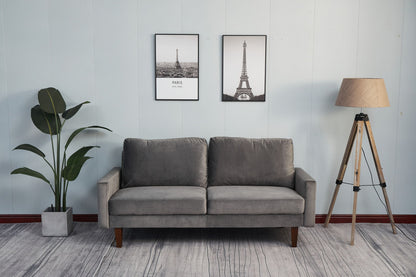 A minimalist living room features the Comfortable Loveseat With Durable Construction in gray, two framed Eiffel Tower prints on the wall, a potted plant to the left, and a wooden floor lamp with a beige shade on the right.