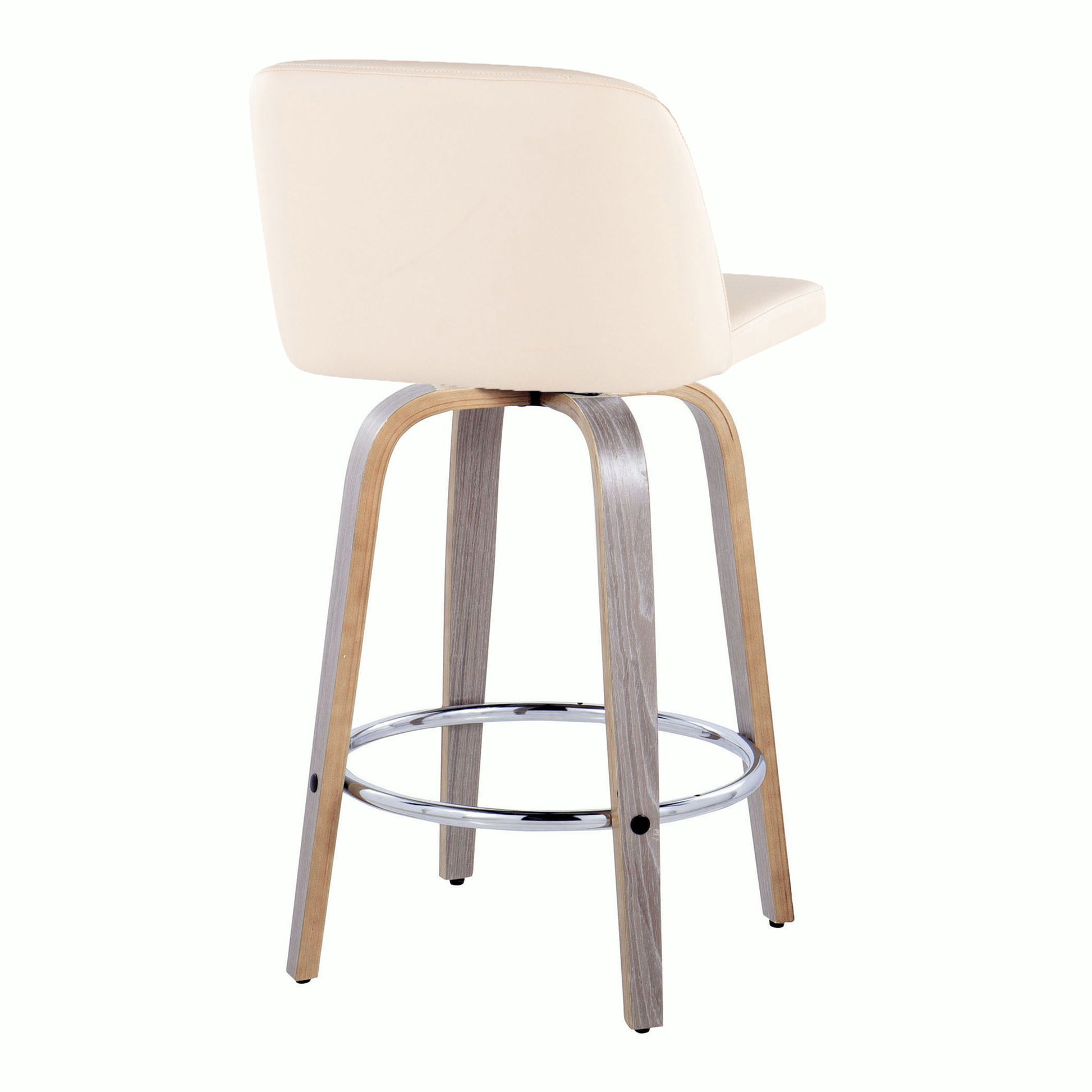 The Toriano Contemporary Fixed Height Counter Stool (Set of 2) features a cream cushioned backrest and seat, wooden legs, and a round chrome footrest, shown from the back against a white background.