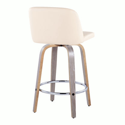 The Toriano Contemporary Fixed Height Counter Stool (Set of 2) features a cream cushioned backrest and seat, wooden legs, and a round chrome footrest, shown from the back against a white background.