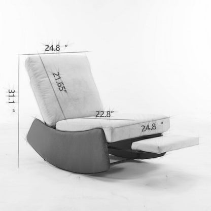 Modern Rocking Chair Recliner: comfy, upholstered lounge chair for relaxing with footrest, perfect for nursery or living room. Dimensions: 31.1"H x 24.8"W/D; seat depth 22.8", seat back height 21.65", leg rest extends to 24.8".