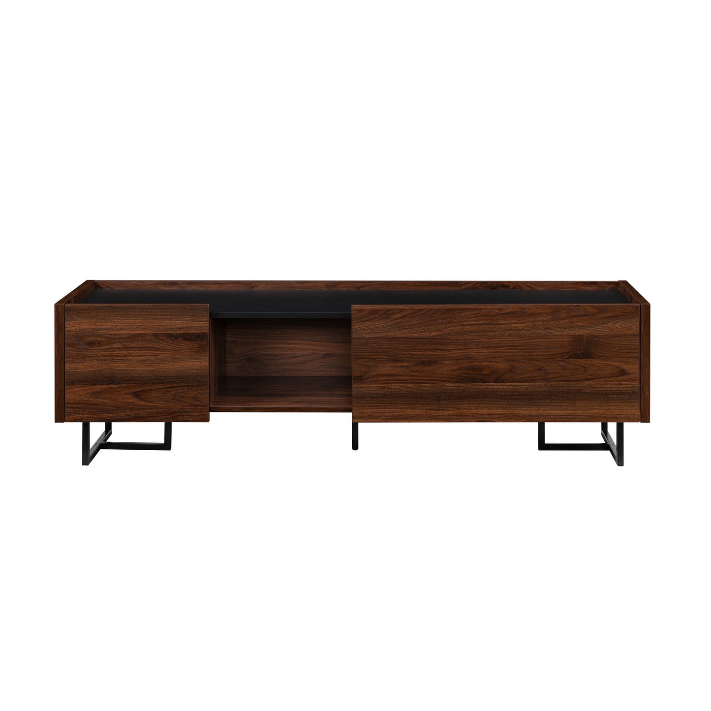The Contemporary Low Profile TV Stand features a dark wood finish, two spacious drawers at each end, an open center shelf, and sleek black metal legs for a modern touch.