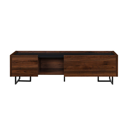 The Contemporary Low Profile TV Stand features a dark wood finish, two spacious drawers at each end, an open center shelf, and sleek black metal legs for a modern touch.