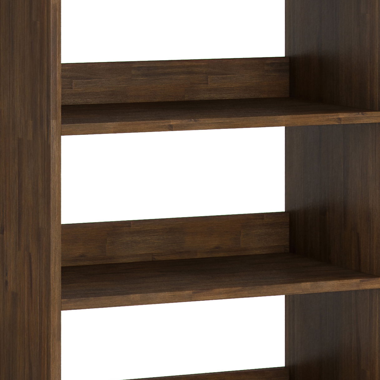 A close-up of the Chase Tall Bookcase in Rustic Natural Aged Brown shows three empty shelves and vertical side panels against a white background.