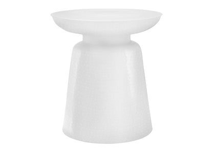 The Drum Accent Side Table features a modern white hourglass shape with a wide, flat top and hammered textured surface.