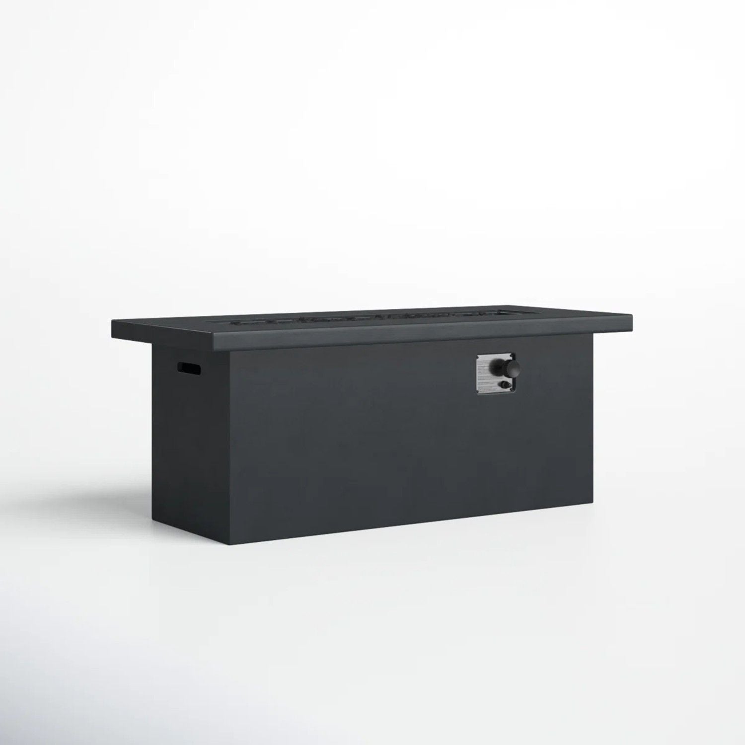 The Propane / Gas Outdoor Fire Pit Table is a modern rectangular black fire pit with a side control knob and igniter switch, shown against a plain white background.