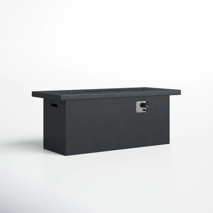 The Propane / Gas Outdoor Fire Pit Table is a modern rectangular black fire pit with a side control knob and igniter switch, shown against a plain white background.