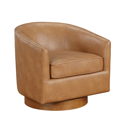 The Maisy - Barrel Swivel Chair features a modern tan leather design with a rounded backrest, armrests, cushioned seat, and a wooden circular base.