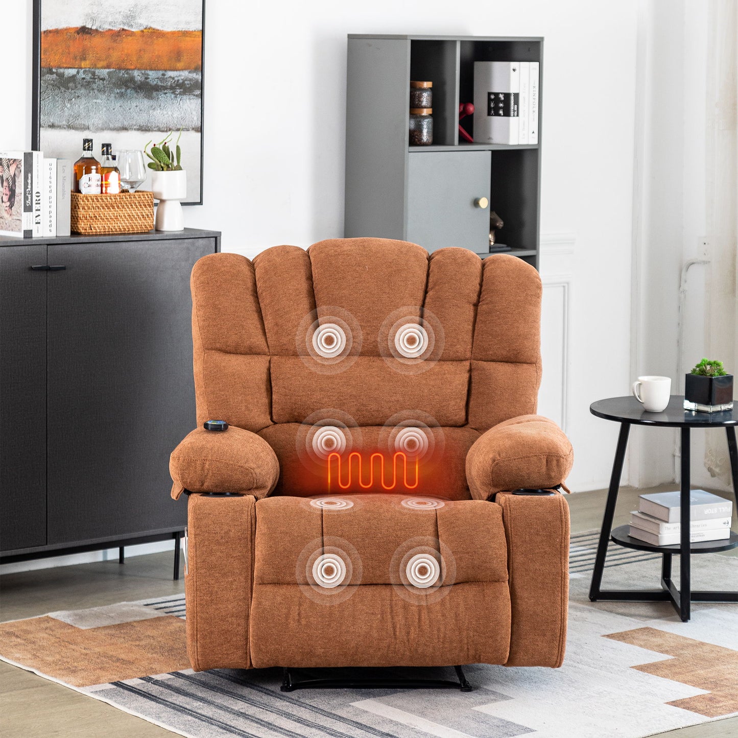 The Massage Recliner Chair Sofa With Heating Vibration is displayed in a modern living room, featuring glowing circular icons on the seat and backrest to indicate massage and heating functions, with shelves and decor visible in the background.