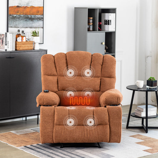 The Massage Recliner Chair Sofa With Heating Vibration is displayed in a modern living room, featuring glowing circular icons on the seat and backrest to indicate massage and heating functions, with shelves and decor visible in the background.