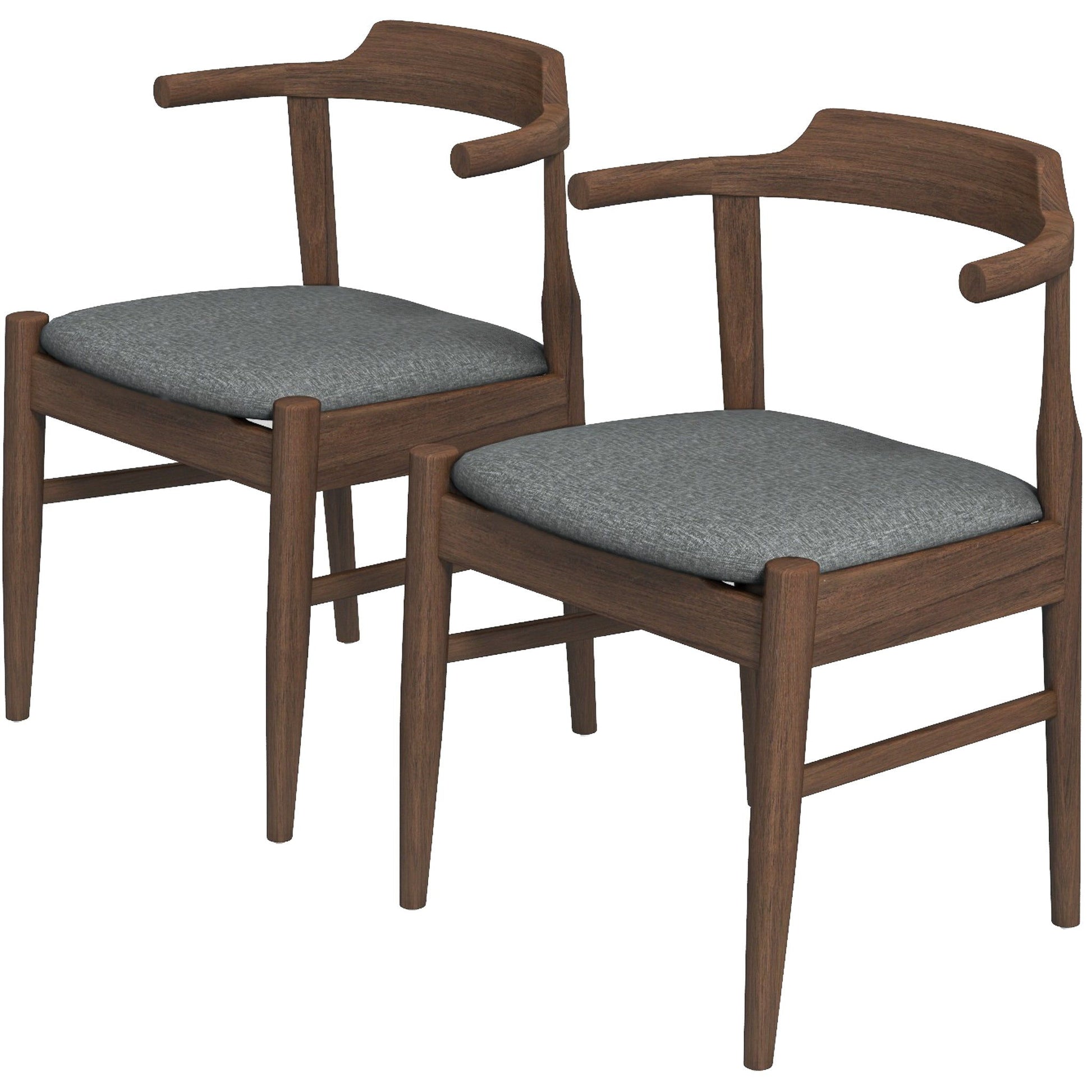 The Dakota Mid-Century Modern Velvet Dining Chair set includes two chairs with curved backrests, armrests, gray velvet seats, tapered legs, and a dark wood finish.