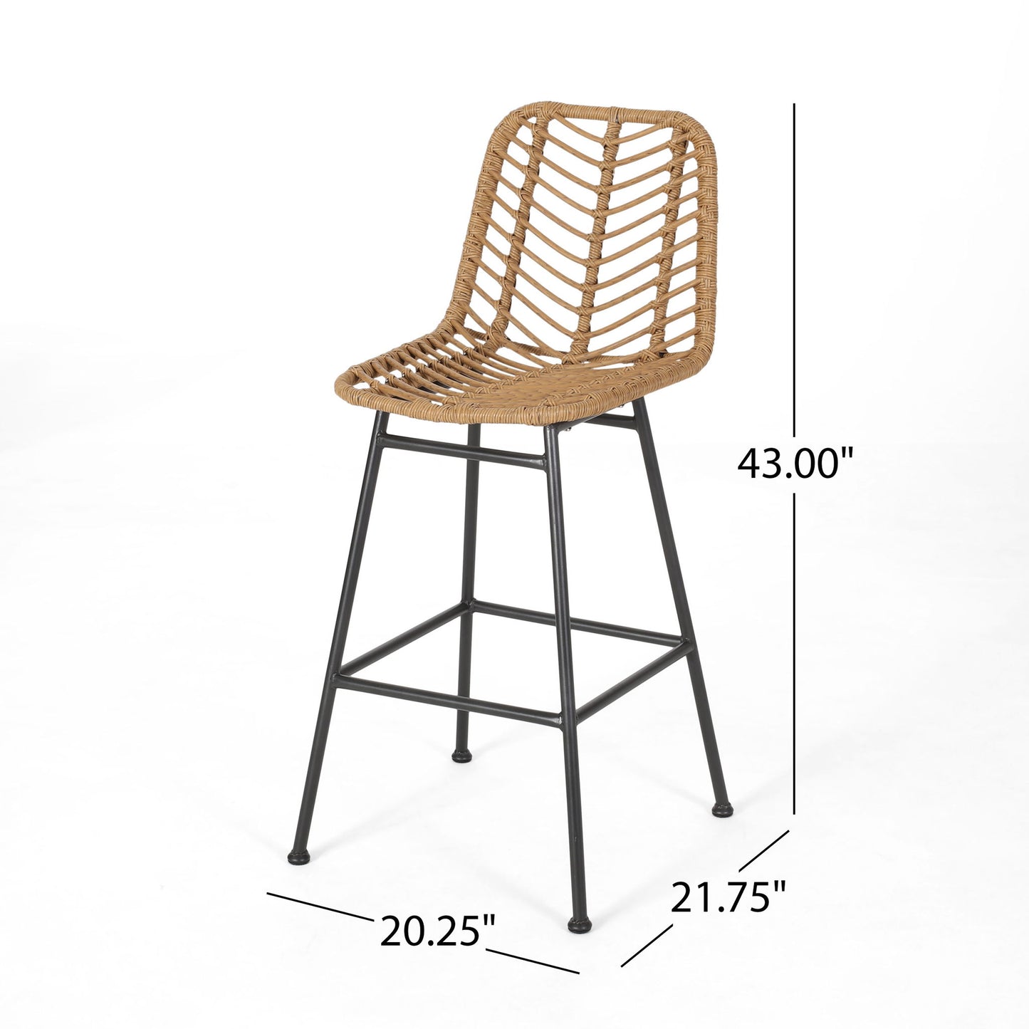 The Sawtelle Outdoor Wicker Barstools (Set of 2) feature woven rattan seats, black metal legs, low backrests, and footrests. Each stool measures 43"H x 20.25"W x 21.75"D.