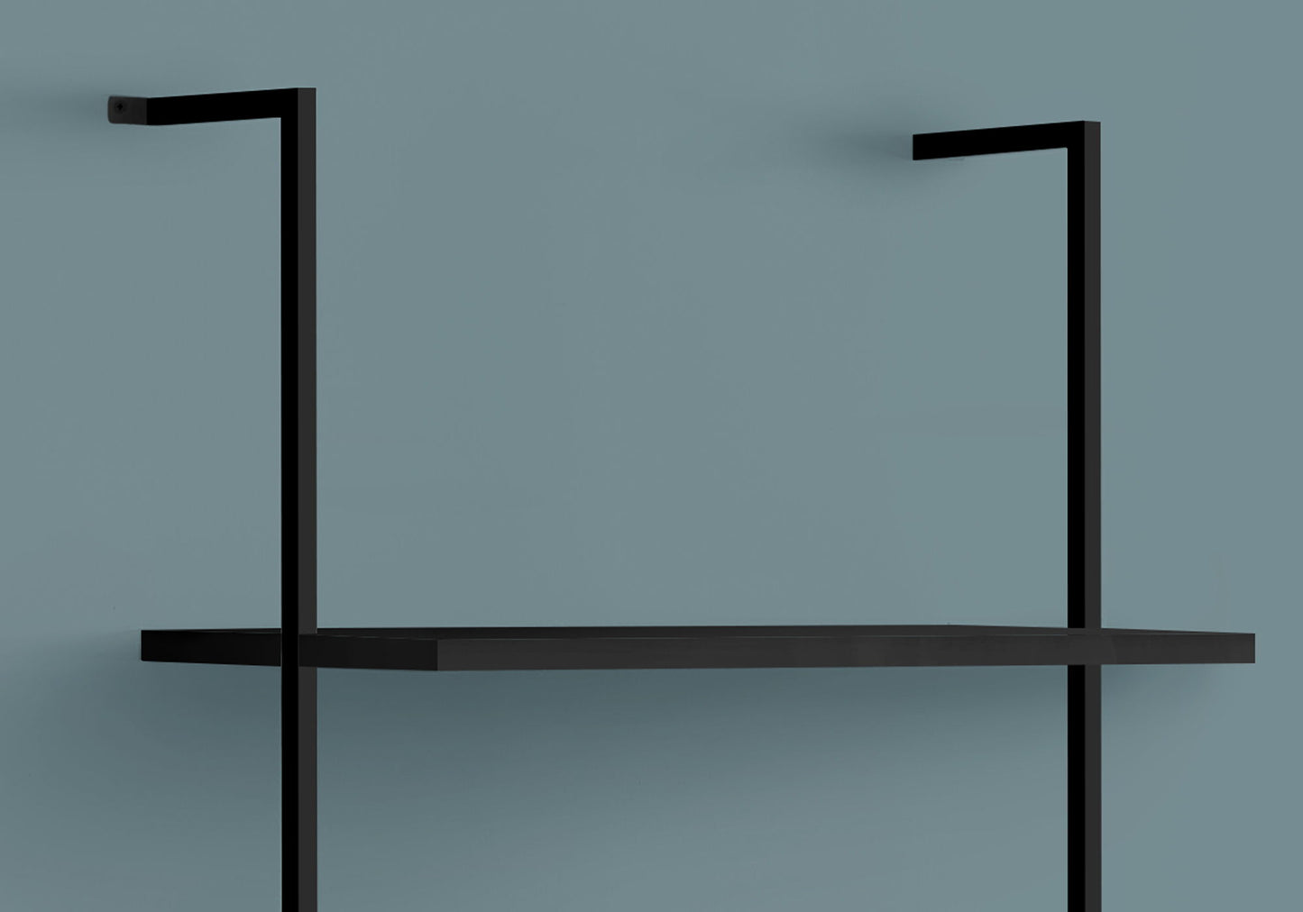 The Etagere Bookcase Ladder 5 Tier For Office features a sleek black metal frame with five flat rectangular shelves, supported by two vertical ladder-style rails and displayed against a light blue wall.