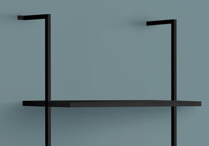 The Etagere Bookcase Ladder 5 Tier For Office features a sleek black metal frame with five flat rectangular shelves, supported by two vertical ladder-style rails and displayed against a light blue wall.